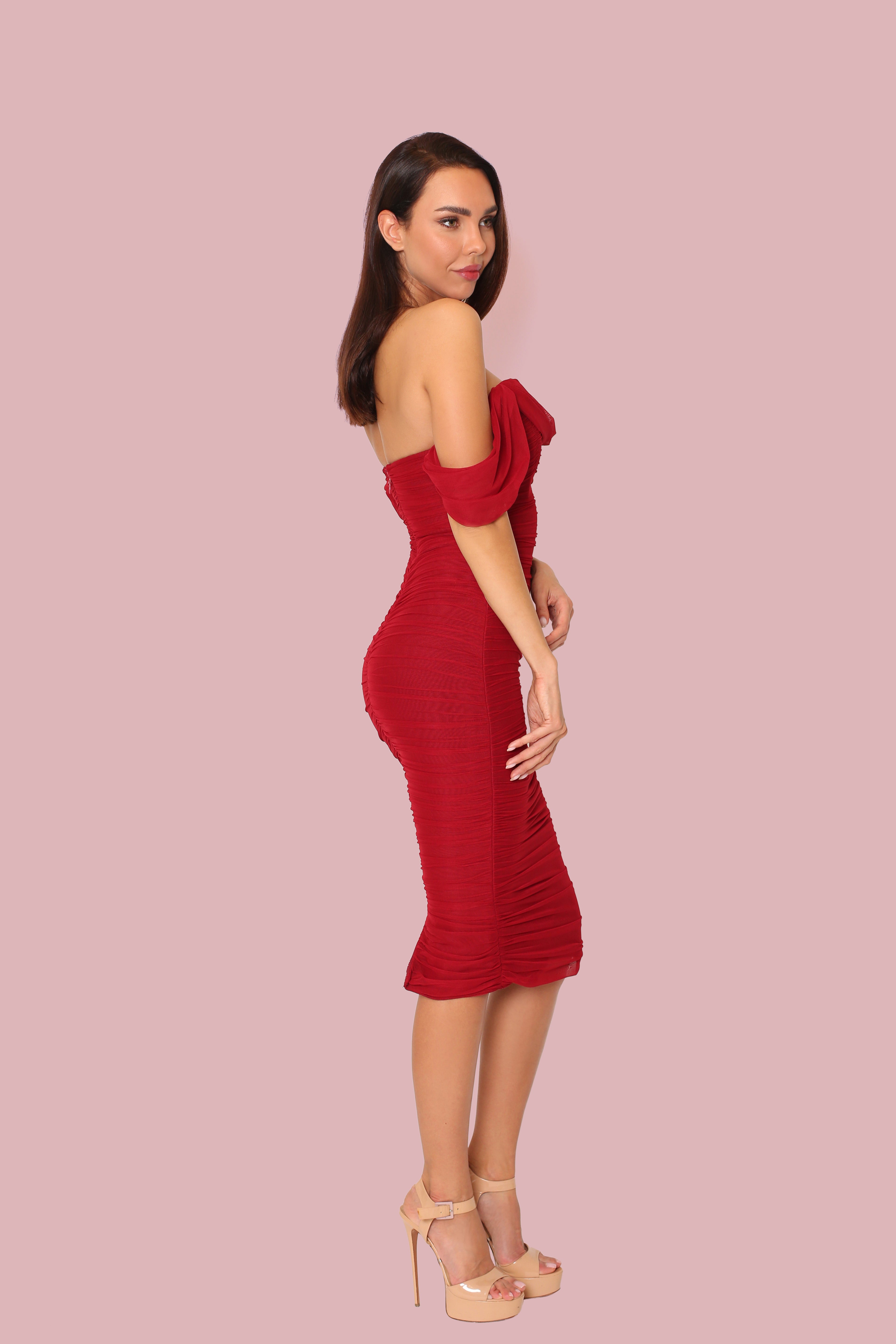 Red Ruched Mesh Bardot Midi Dress - Off Shoulder Bodycon Evening Gown