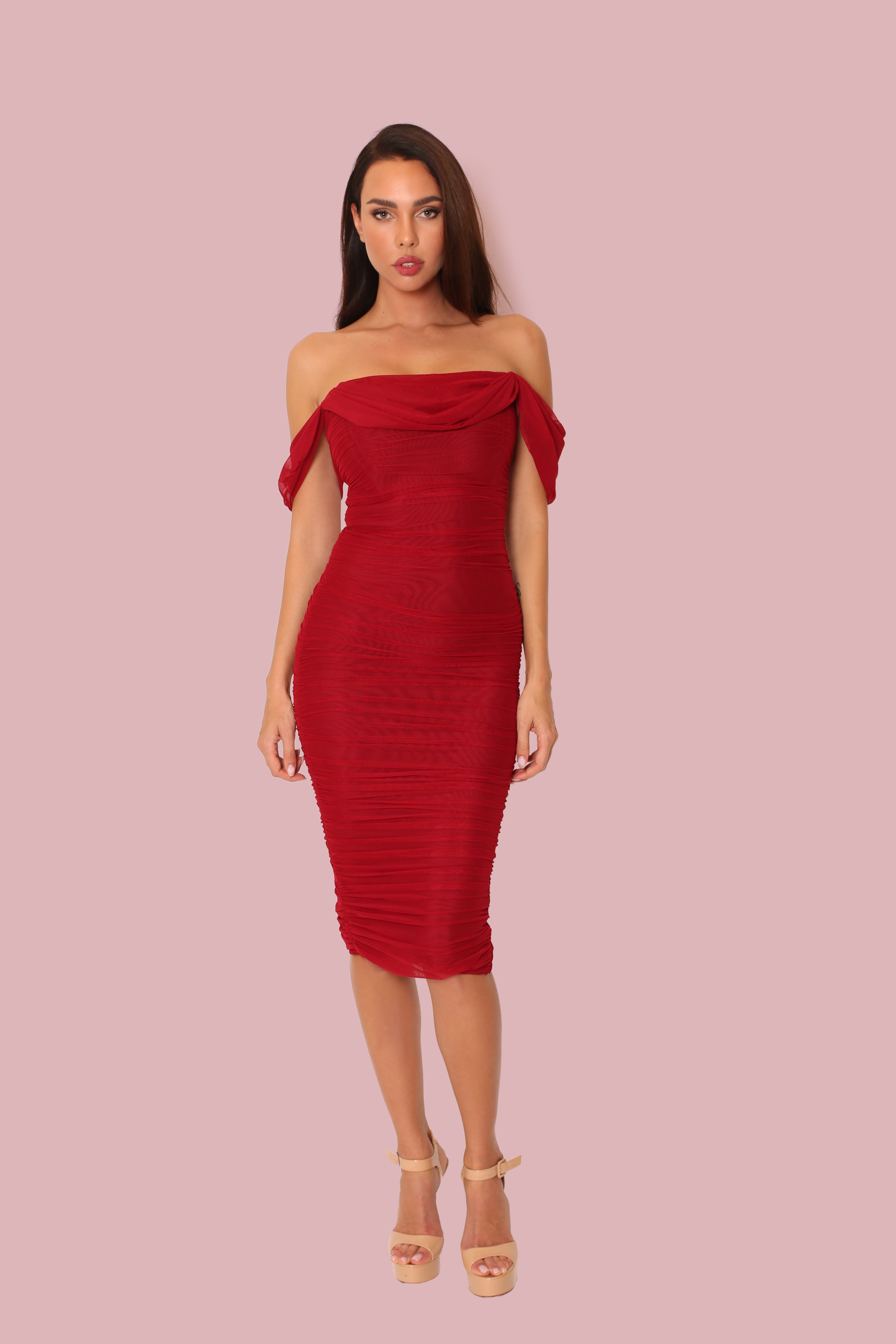Red Ruched Mesh Bardot Midi Dress - Off Shoulder Bodycon Evening Gown