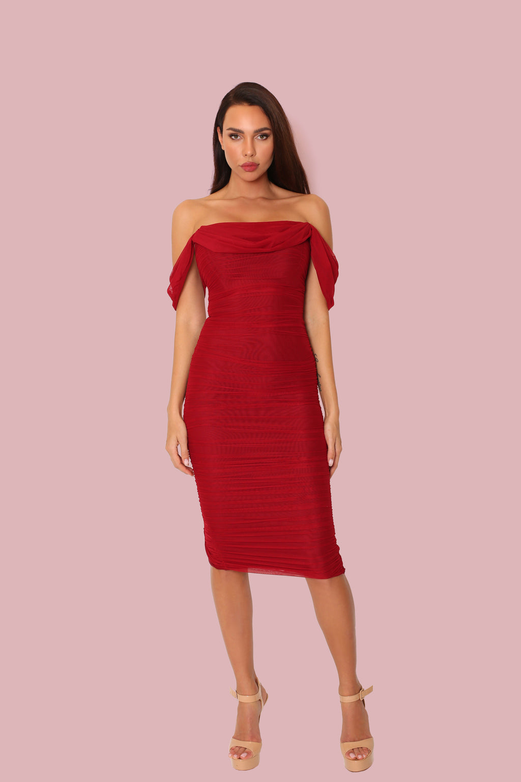 Red Ruched Mesh Bardot Midi Dress - Off Shoulder Bodycon Evening Gown