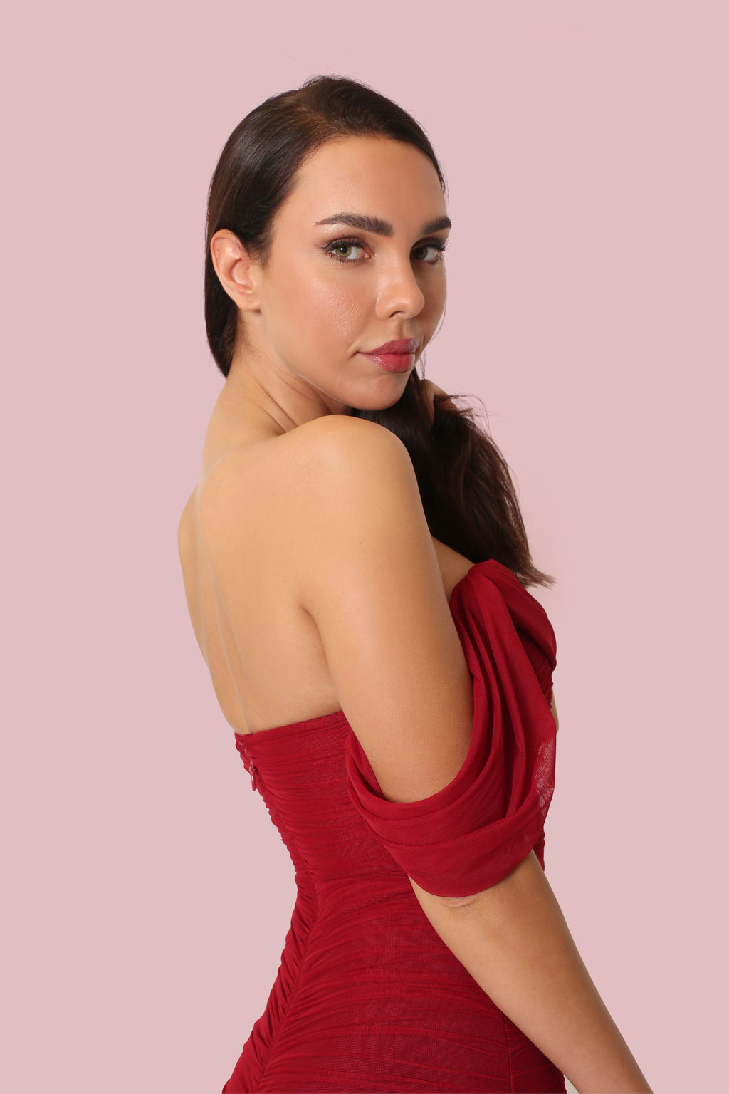 Red Ruched Mesh Bardot Midi Dress - Off Shoulder Bodycon Evening Gown