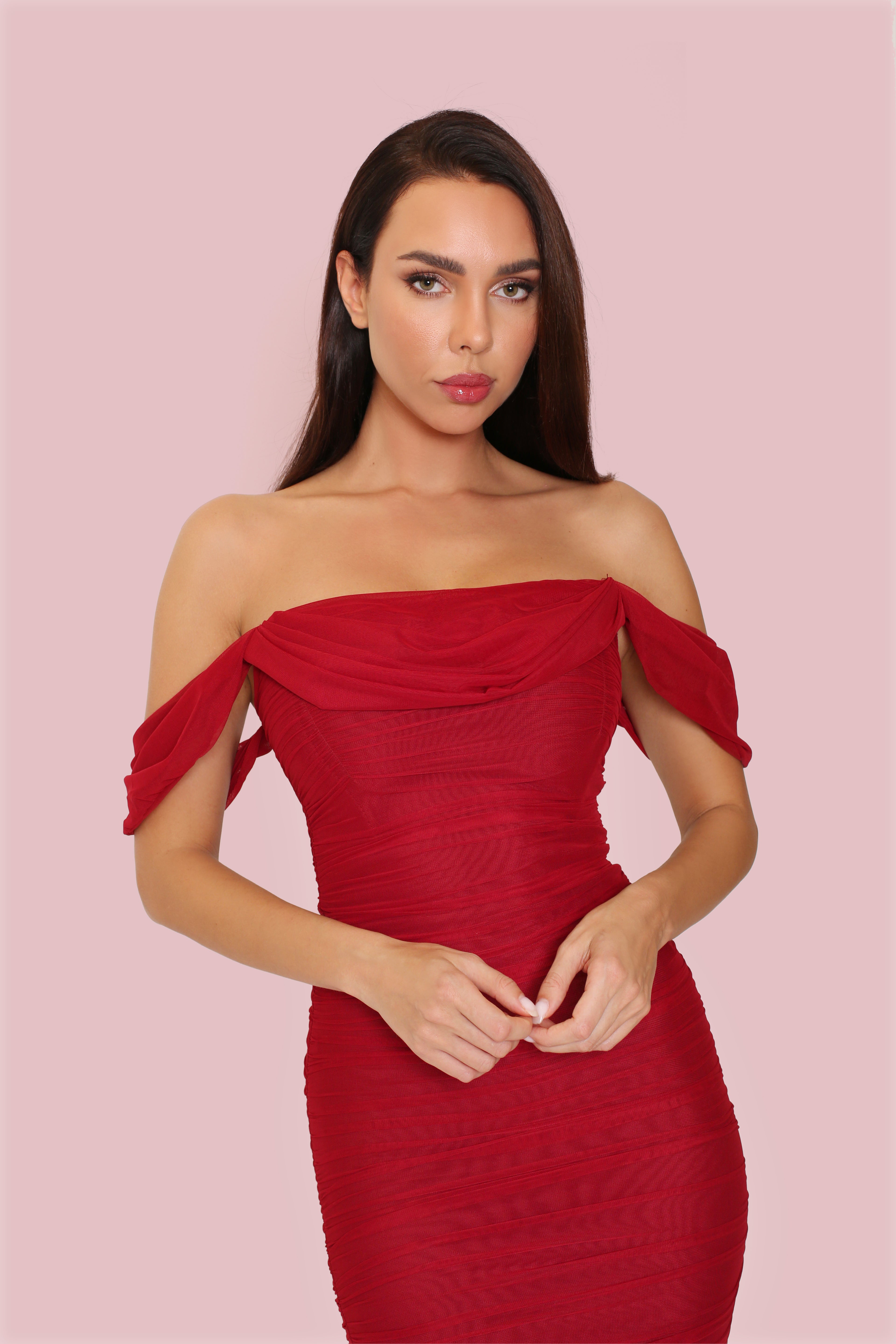 Red Ruched Mesh Bardot Midi Dress - Off Shoulder Bodycon Evening Gown KHAMI-CO Red Ruched Mesh Bardot Midi Dress - Off Shoulder Bodycon Evening Gown KHAMI-CO