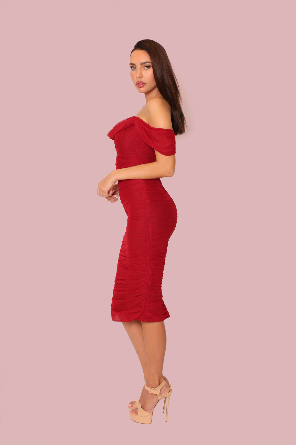 Red Ruched Mesh Bardot Midi Dress - Off Shoulder Bodycon Evening Gown