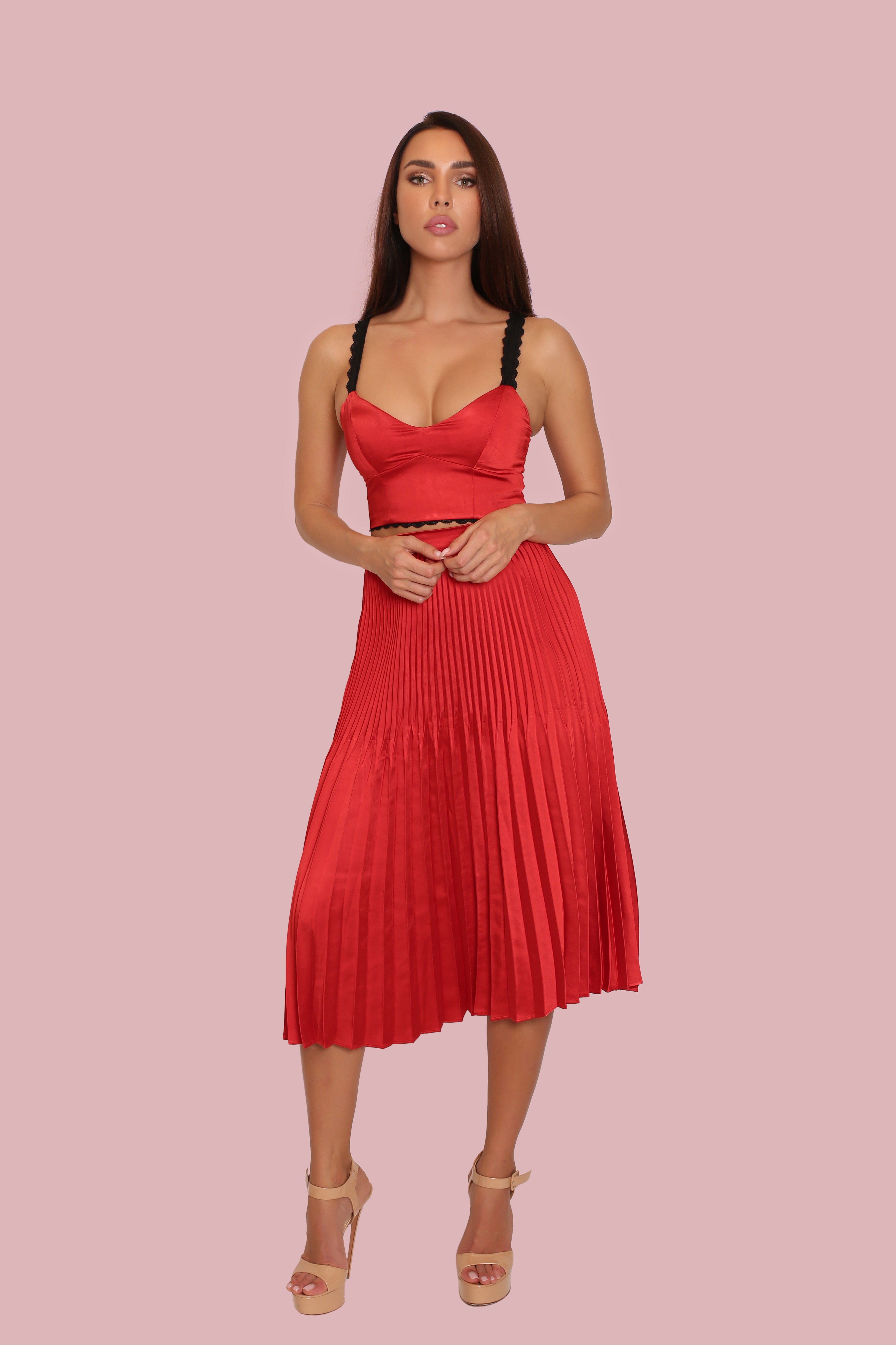 Red Satin Two-Piece Set: Pleated Midi Skirt & Lace Trim Crop Top