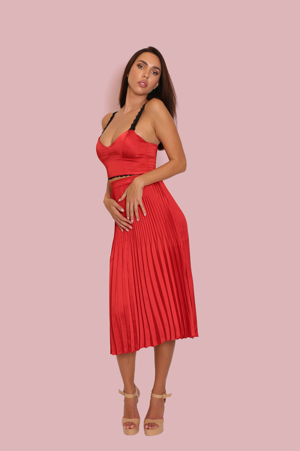Red Satin Two-Piece Set: Pleated Midi Skirt & Lace Trim Crop Top