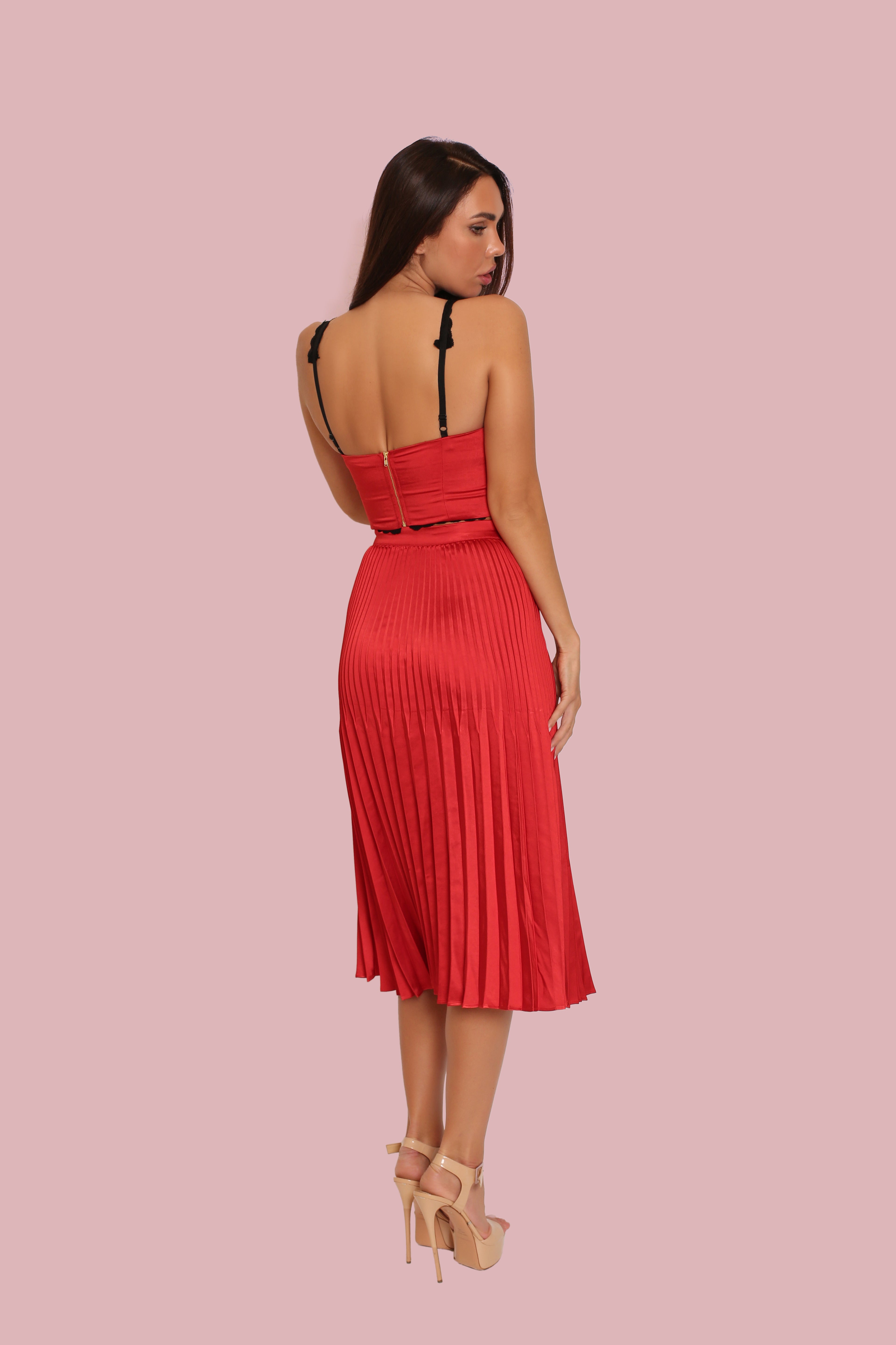 Red Satin Two-Piece Set: Pleated Midi Skirt & Lace Trim Crop Top