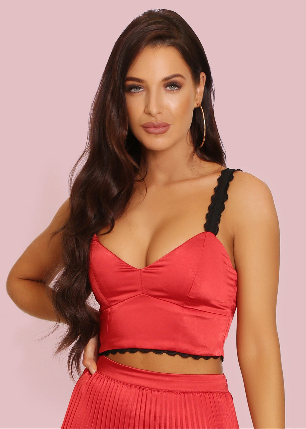 Red Satin Two-Piece Set: Pleated Midi Skirt & Lace Trim Crop Top