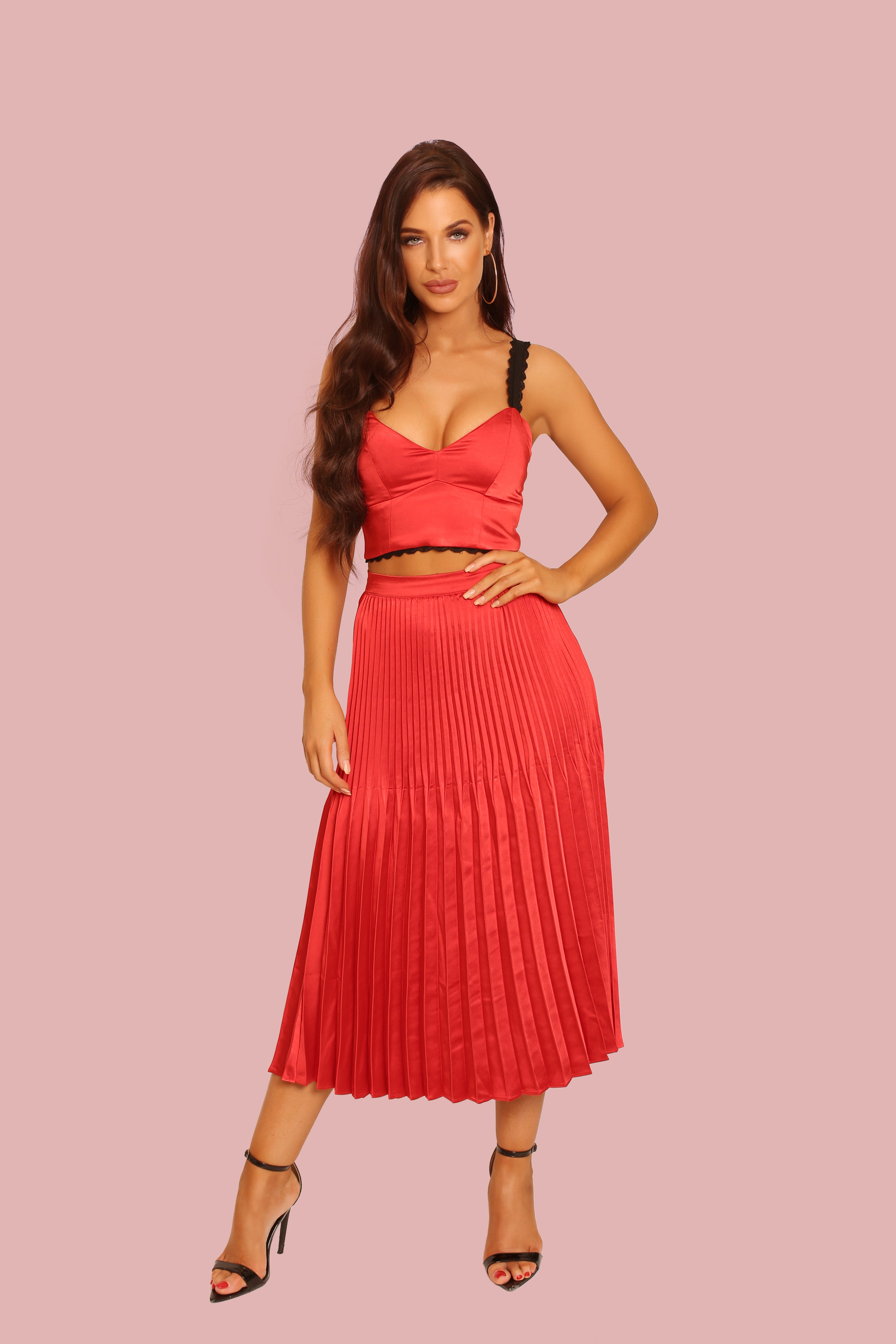 Red Satin Two-Piece Set: Pleated Midi Skirt & Lace Trim Crop Top