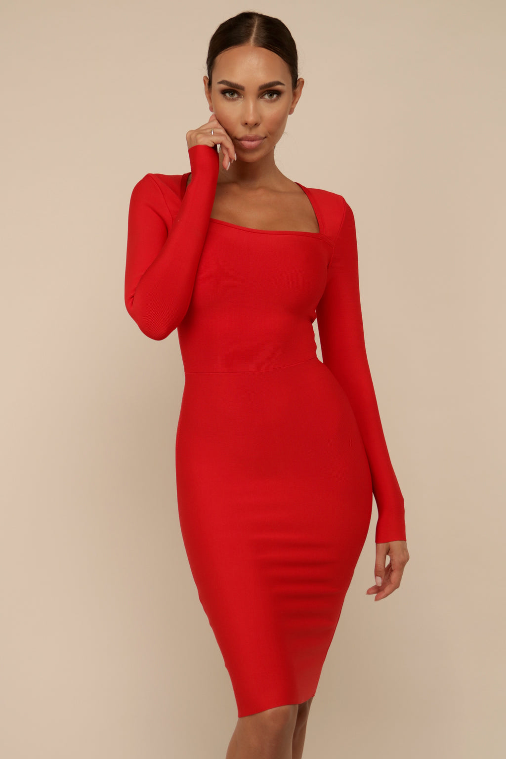 Red Long Sleeve Bandage Midi Dress - Square Neck Bodycon Event Gown