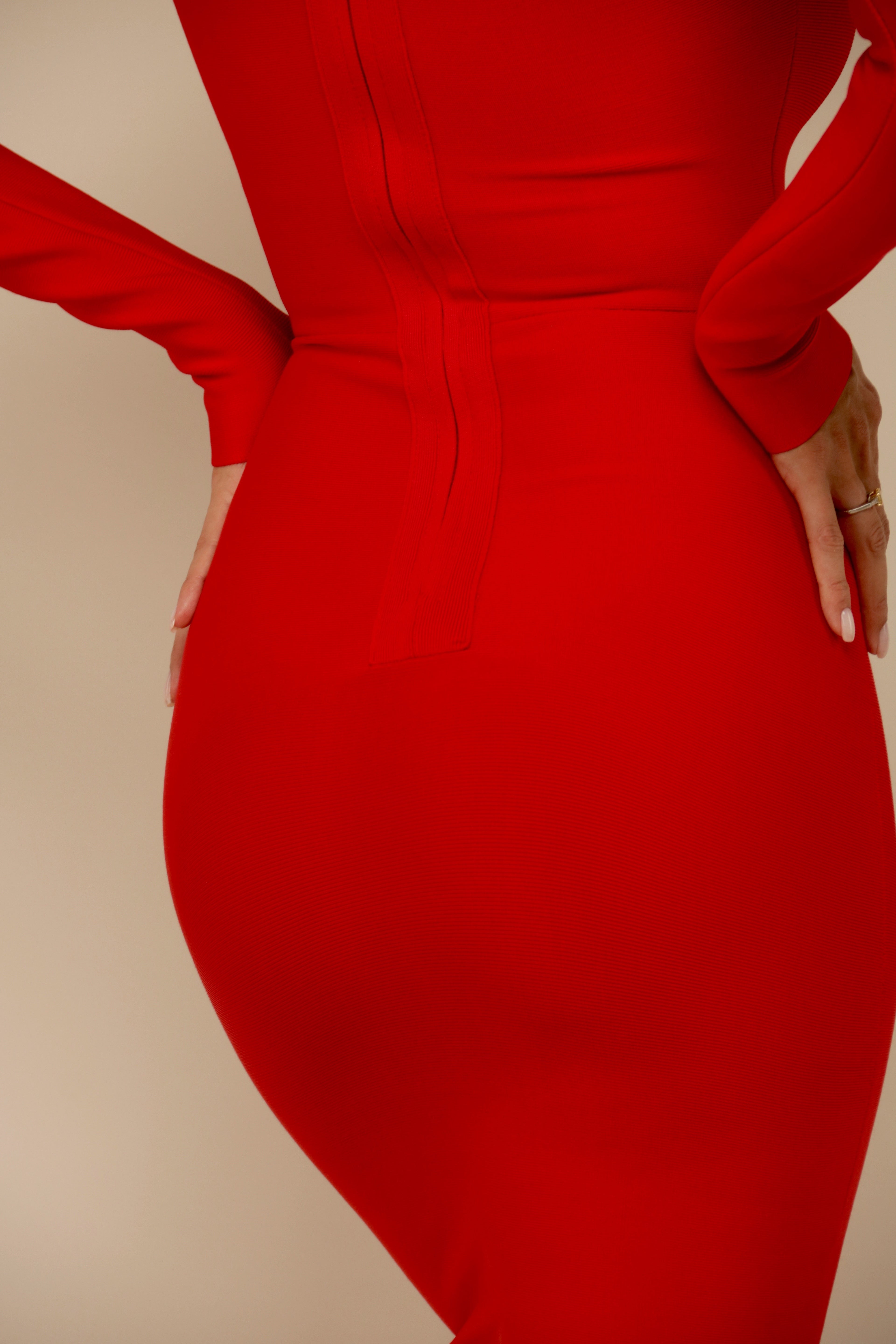 Red Long Sleeve Bandage Midi Dress - Square Neck Bodycon Event Gown KHAMI-CO Red Long Sleeve Bandage Midi Dress - Square Neck Bodycon Event Gown KHAMI-CO