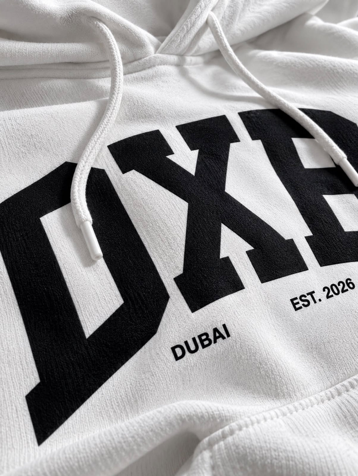 DXB Varsity Hoodie Oversized White Pullover, Dubai Est. 2026
