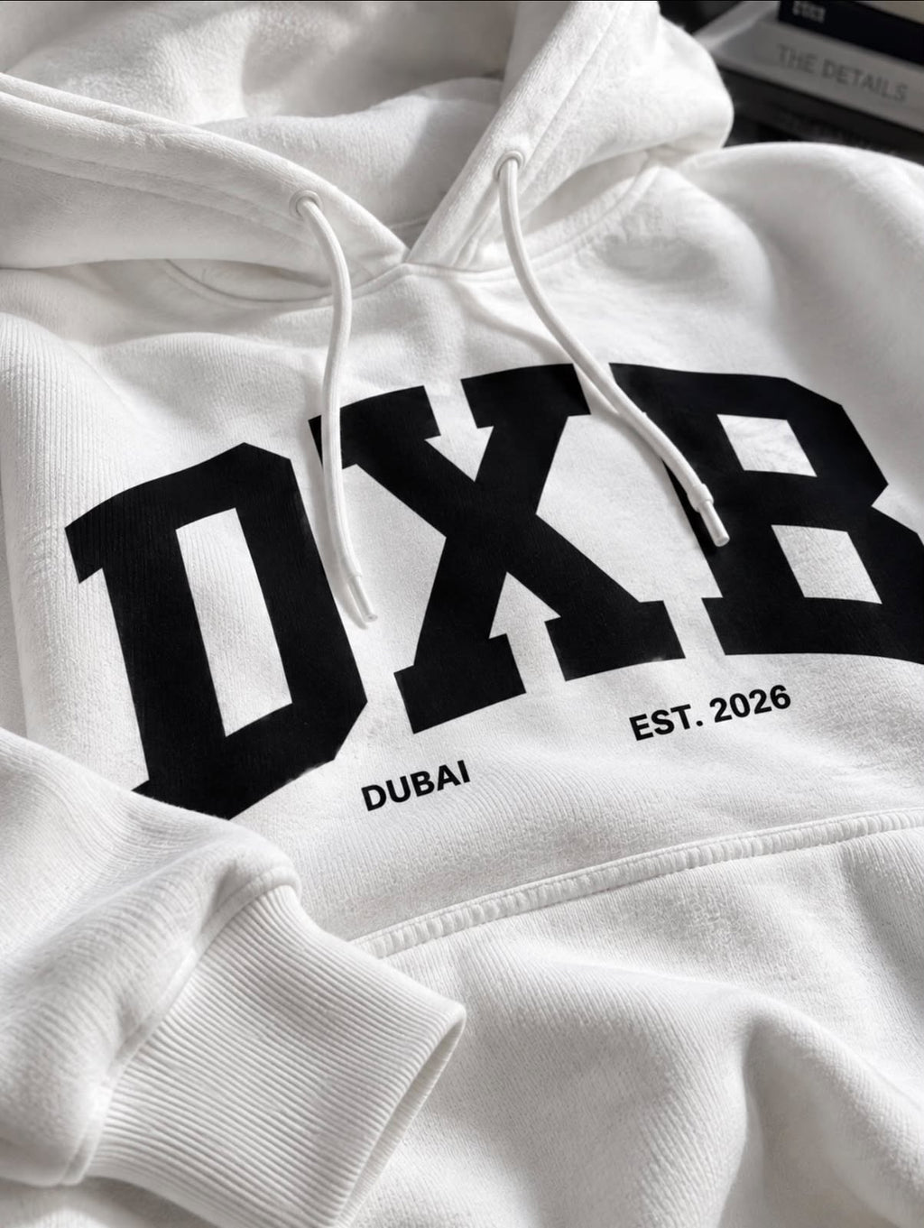 DXB Varsity Hoodie Oversized White Pullover, Dubai Est. 2026