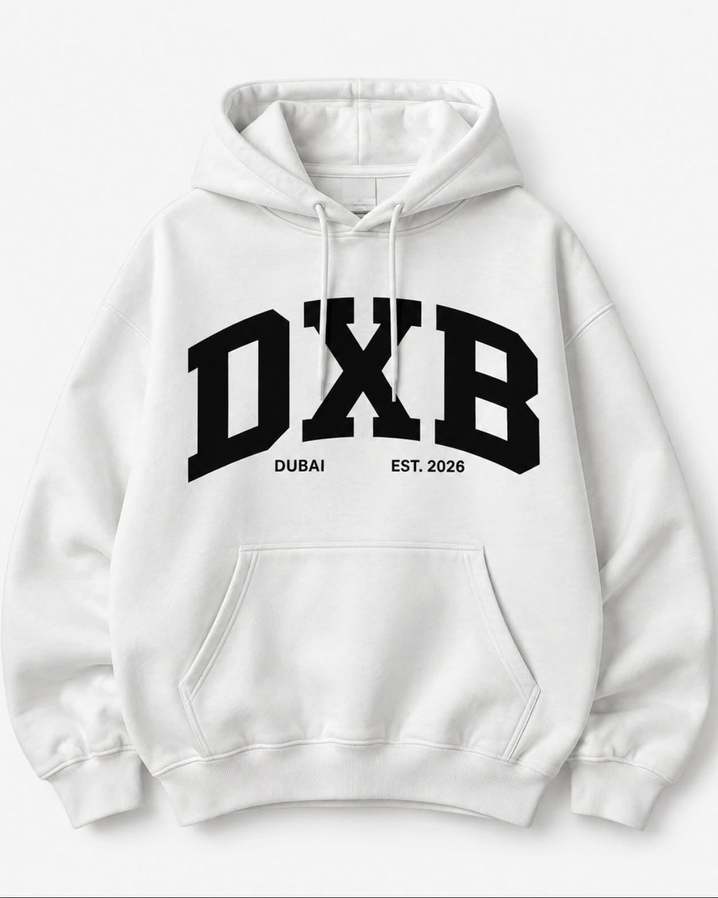 DXB Varsity Hoodie Oversized White Pullover, Dubai Est. 2026