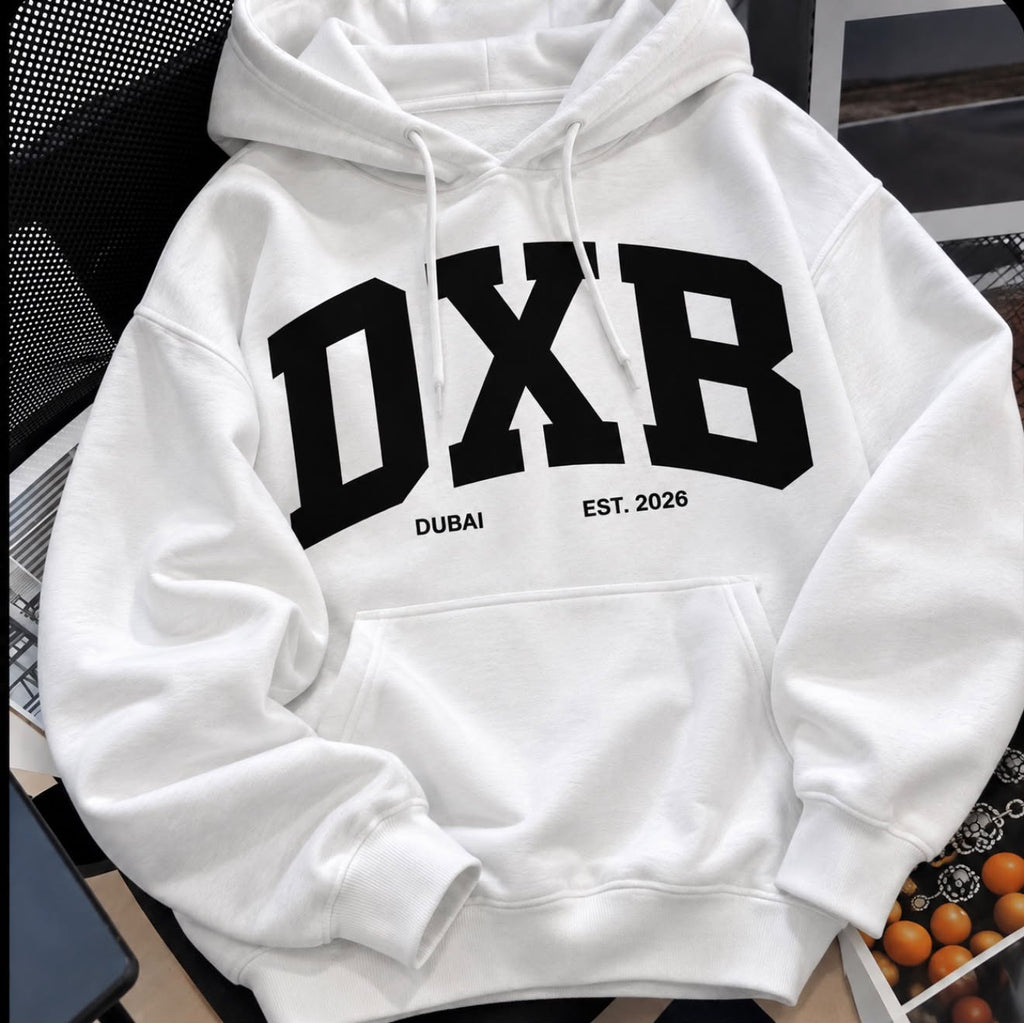 DXB Varsity Hoodie Oversized White Pullover, Dubai Est. 2026